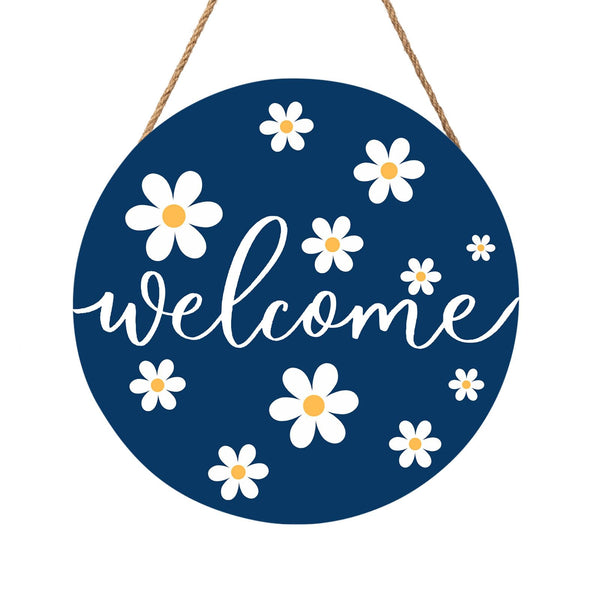 Spring White Daisy Flower Door Sign For Front Door Decor,Daisy Welcome Blue Wooden Sign