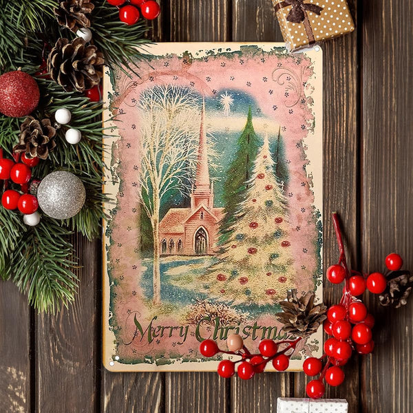 Vintage Christmas Decor - Rustic Pink Tin Sign for Home, Farmhouse, Kitchen, Cafe, Bar Wall Decor - 8 x 12 Inch