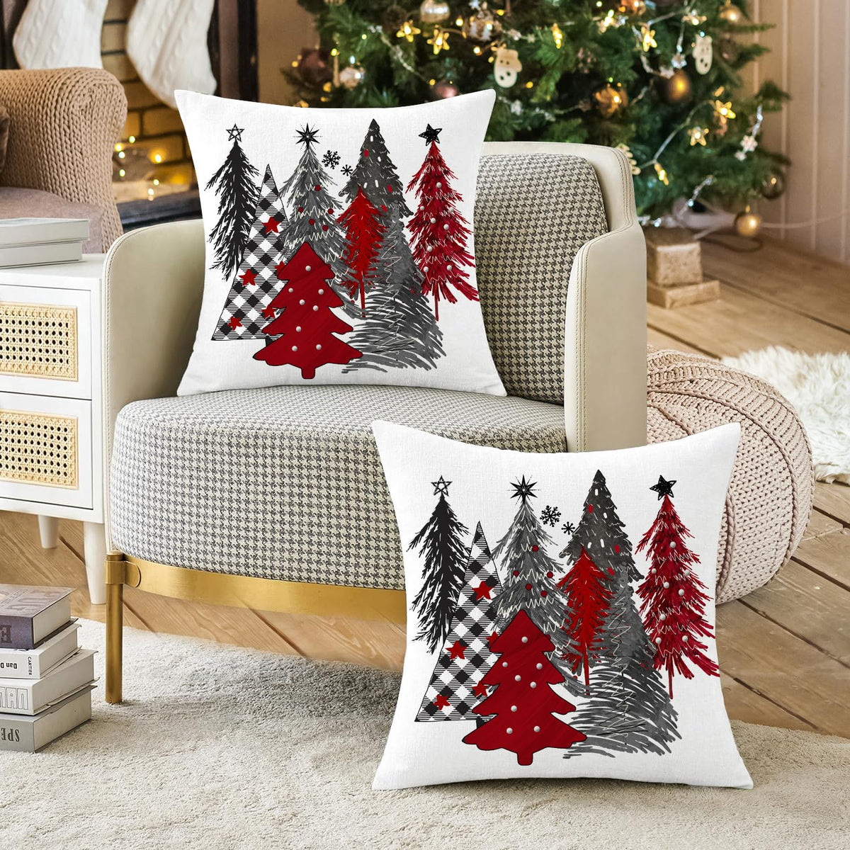 Christmas Pillow Covers 18x18 Inch Set of 2 - Tree Decorative Throw Cushion Cases for Winter Home Decor - Couch Sofa