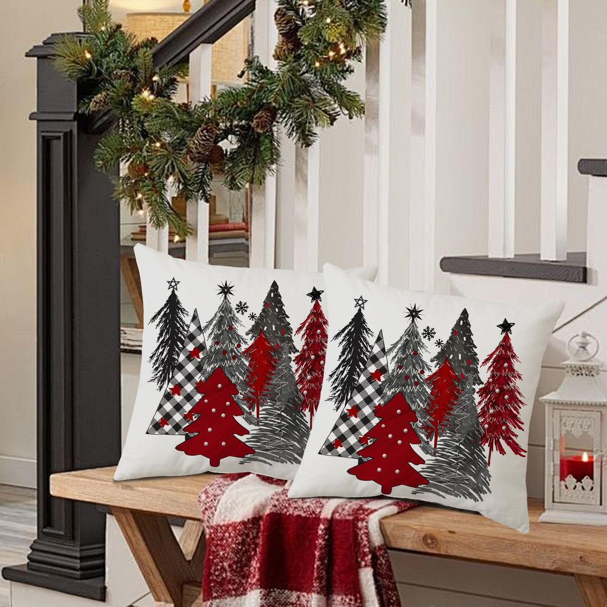 Christmas Pillow Covers 18x18 Inch Set of 2 - Tree Decorative Throw Cushion Cases for Winter Home Decor - Couch Sofa