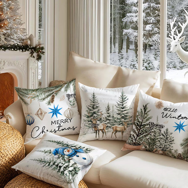 Christmas Throw Pillow Covers, 18x18 inch Decorative Farmhouse Merry Christmas Tree Snowman Winter Blue