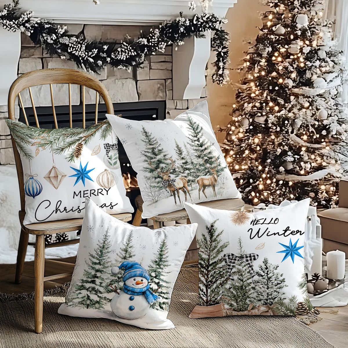 Christmas Throw Pillow Covers, 18x18 inch Decorative Farmhouse Merry Christmas Tree Snowman Winter Blue