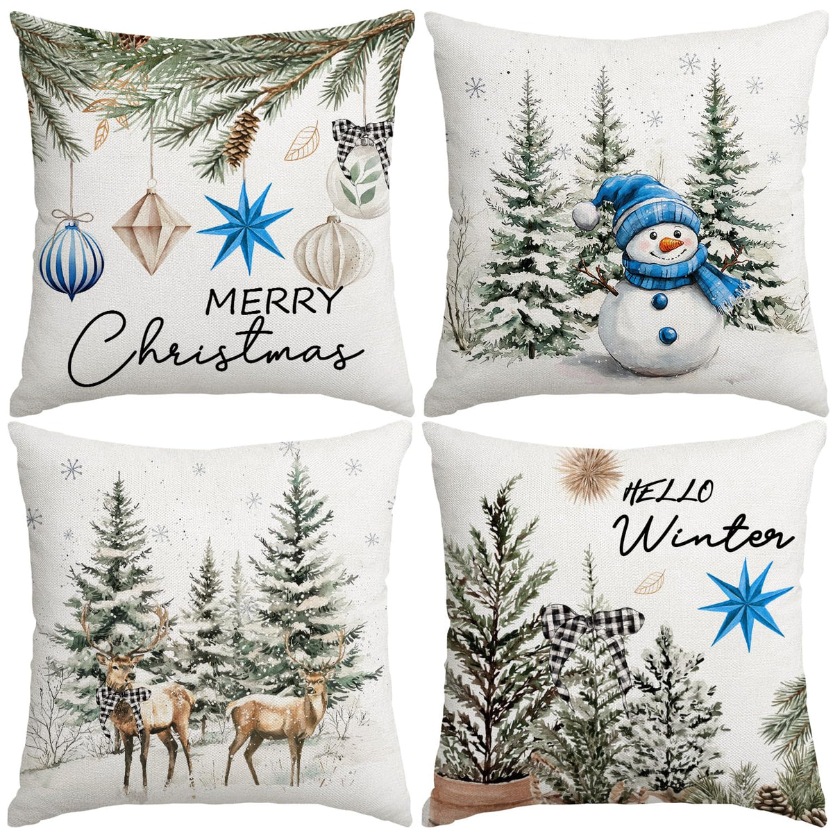 Christmas Throw Pillow Covers, 18x18 inch Decorative Farmhouse Merry Christmas Tree Snowman Winter Blue