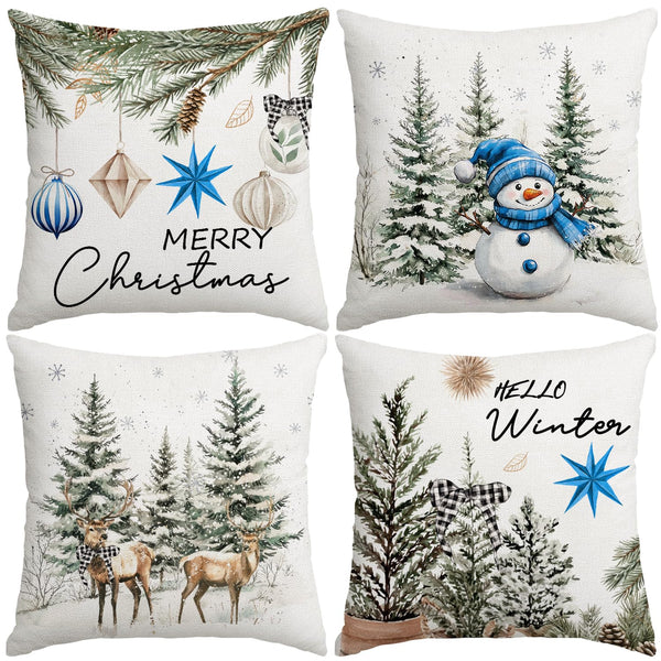 Christmas Throw Pillow Covers, 18x18 inch Decorative Farmhouse Merry Christmas Tree Snowman Winter Blue