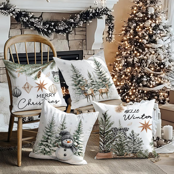 Christmas Throw Pillow Covers, 18x18 inch Decorative Farmhouse Merry Christmas Tree Snowman Winter Grey