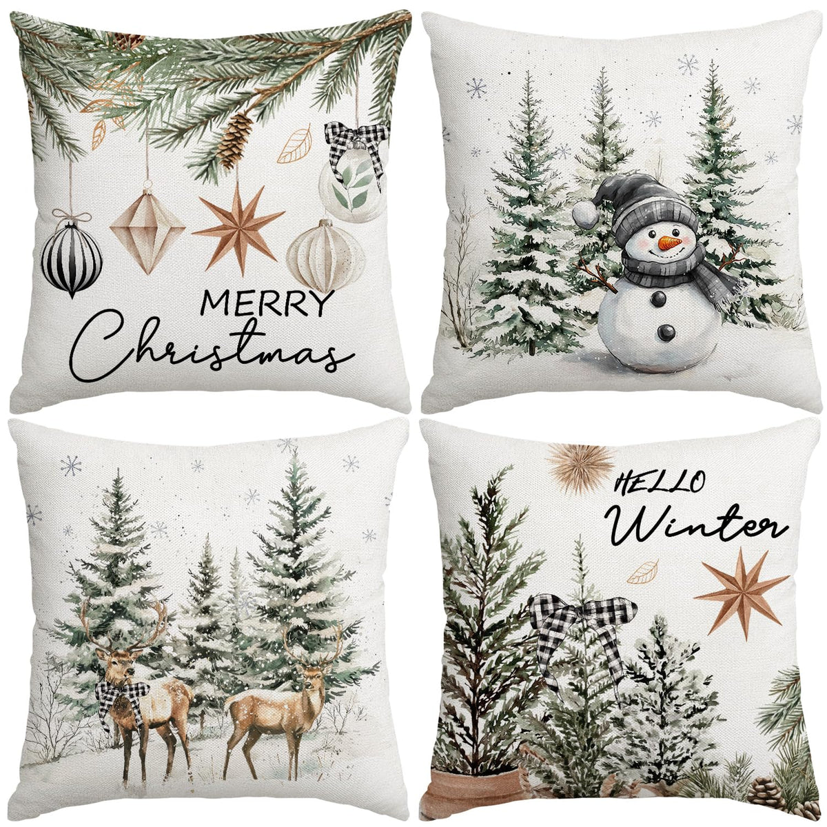 Christmas Throw Pillow Covers, 18x18 inch Decorative Farmhouse Merry Christmas Tree Snowman Winter Grey