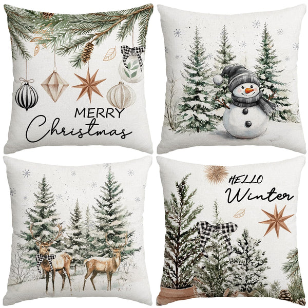 Christmas Throw Pillow Covers, 18x18 inch Decorative Farmhouse Merry Christmas Tree Snowman Winter Grey