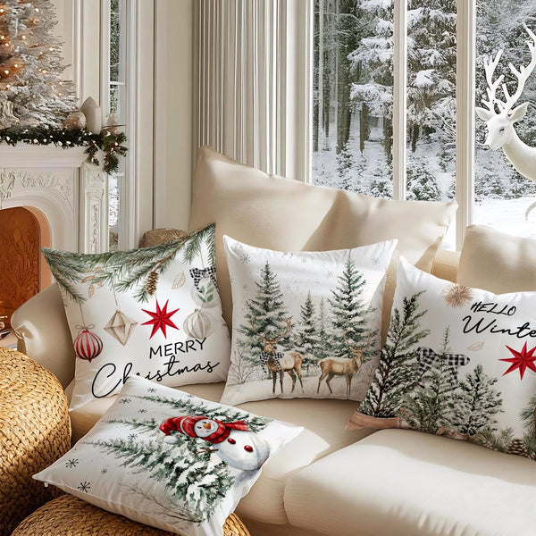 Christmas Throw Pillow Covers, 18x18 inch Decorative Farmhouse Merry Christmas Tree Snowman Winter Red