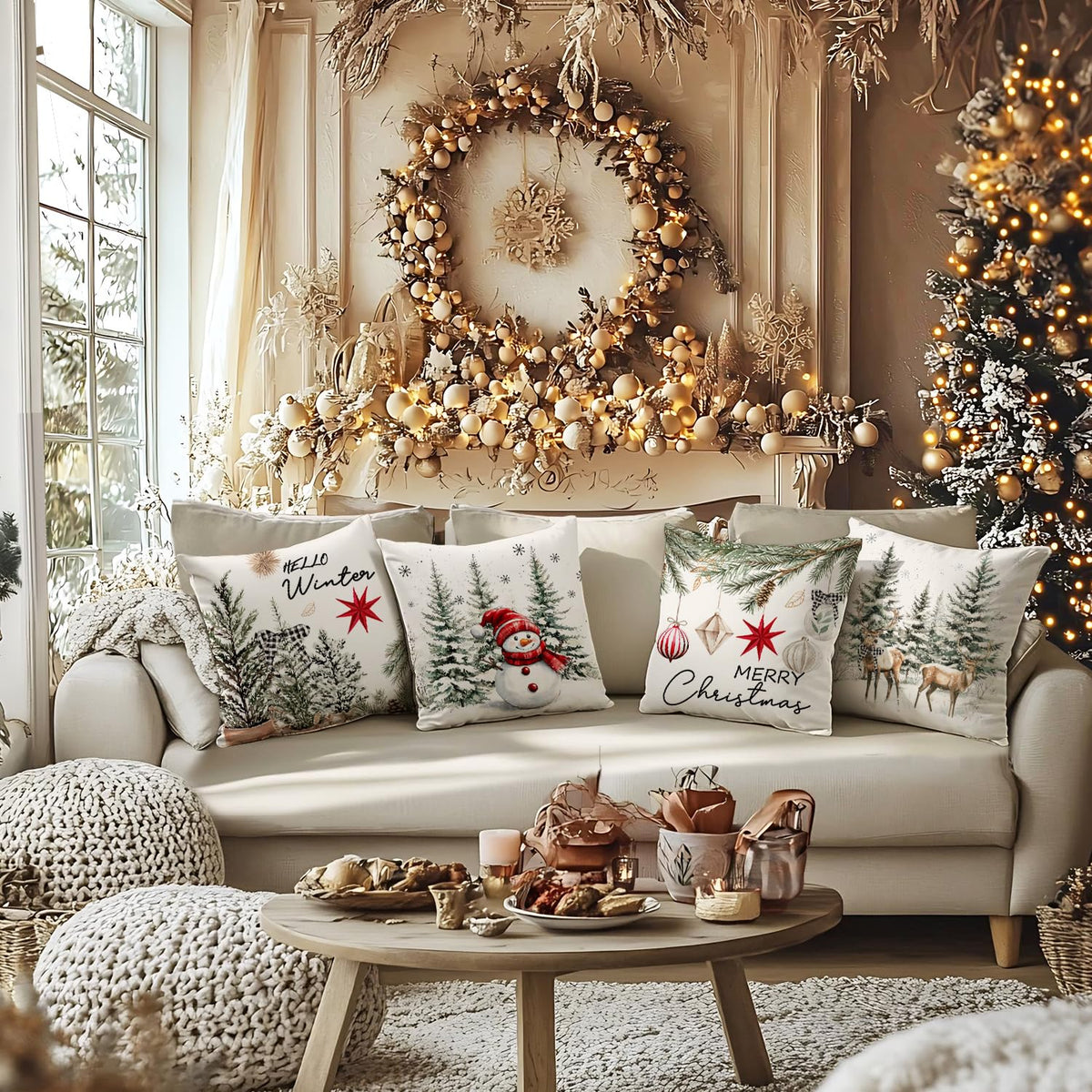 Christmas Throw Pillow Covers, 18x18 inch Decorative Farmhouse Merry Christmas Tree Snowman Winter Red