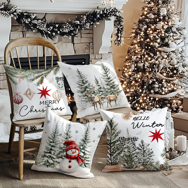 Christmas Throw Pillow Covers, 18x18 inch Decorative Farmhouse Merry Christmas Tree Snowman Winter Red