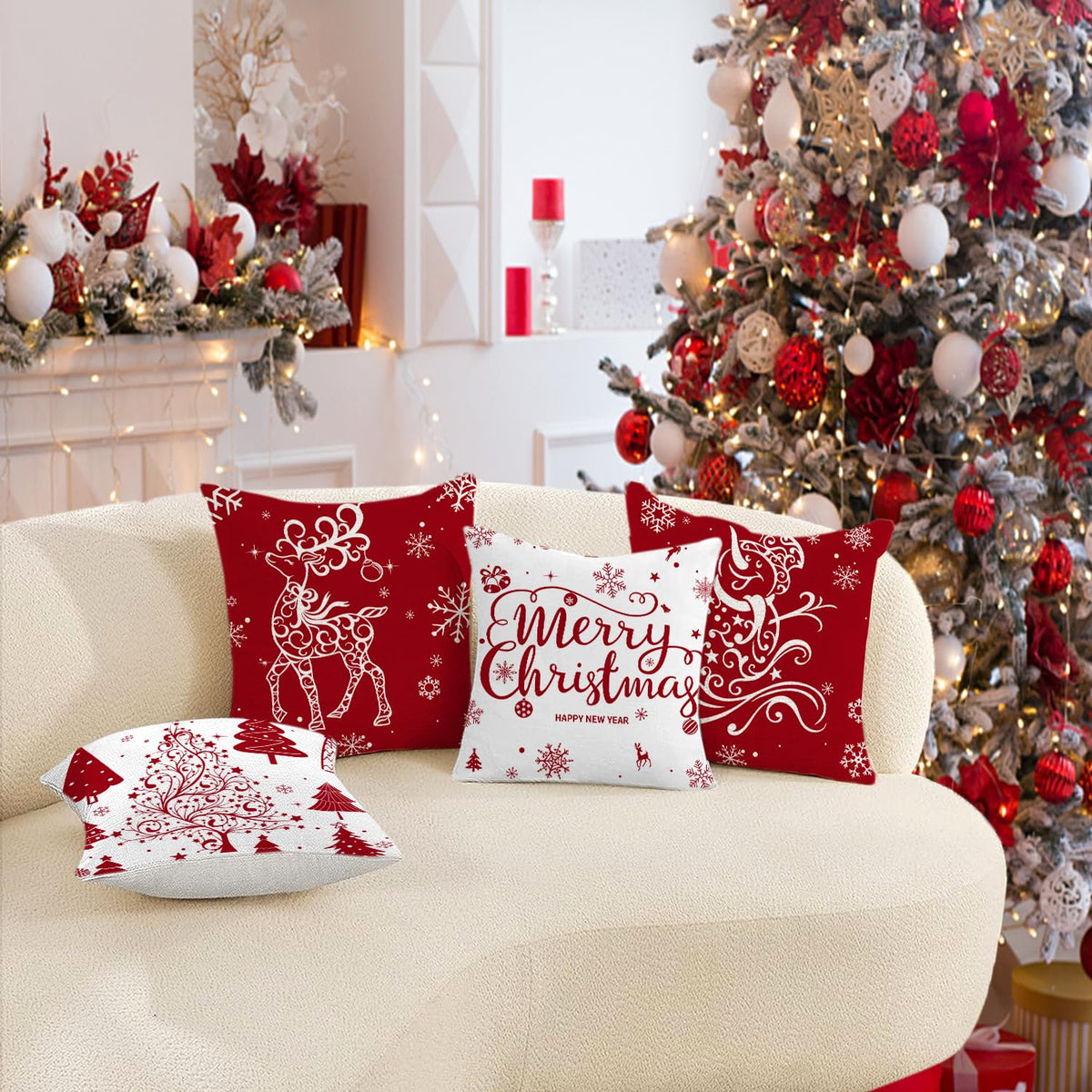 Red Christmas Throw Pillow Covers 18x18 Set of 4 Decorative Holiday Farmhouse Pillow Covers with Trees, Deer, Snowman
