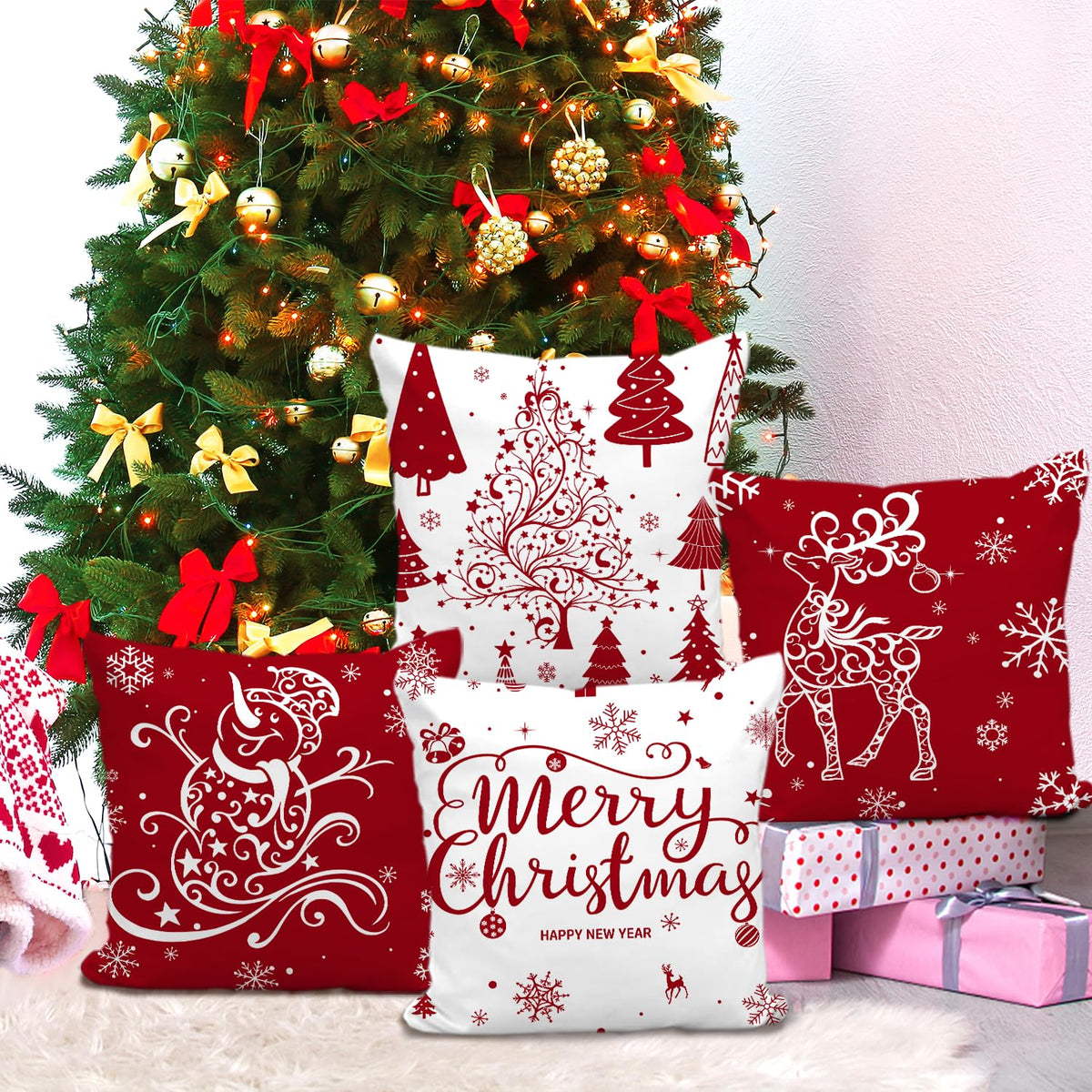 Red Christmas Throw Pillow Covers 18x18 Set of 4 Decorative Holiday Farmhouse Pillow Covers with Trees, Deer, Snowman