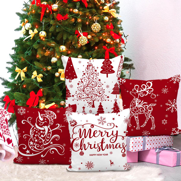 Red Christmas Throw Pillow Covers 18x18 Set of 4 Decorative Holiday Farmhouse Pillow Covers with Trees, Deer, Snowman