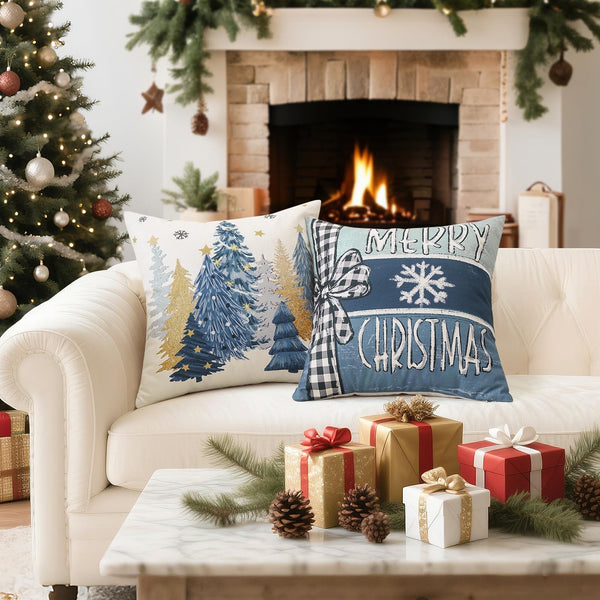 Set of 4 Christmas Throw Pillow Covers 18x18 Inch Set of 4, Merry Christmas Bright Xmas Tree Ball Winter-Blue