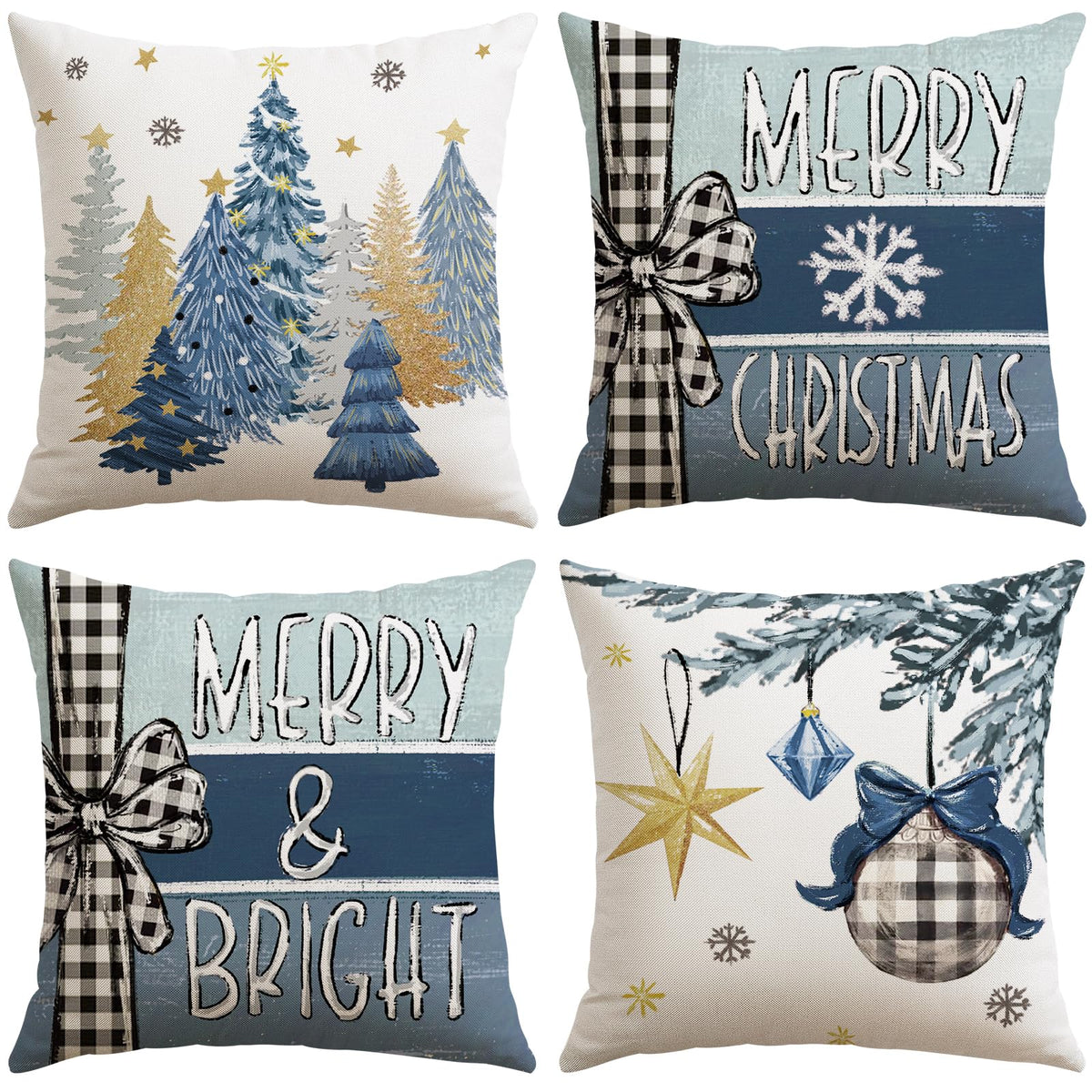 Set of 4 Christmas Throw Pillow Covers 18x18 Inch Set of 4, Merry Christmas Bright Xmas Tree Ball Winter-Blue