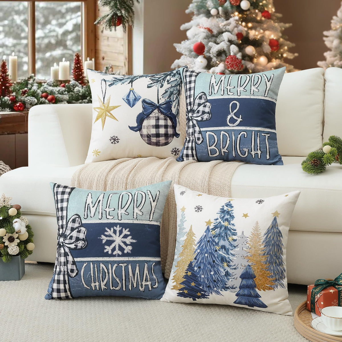 Set of 4 Christmas Throw Pillow Covers 18x18 Inch Set of 4, Merry Christmas Bright Xmas Tree Ball Winter-Blue