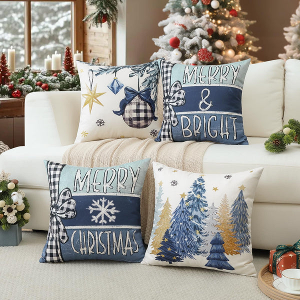 Set of 4 Christmas Throw Pillow Covers 18x18 Inch Set of 4, Merry Christmas Bright Xmas Tree Ball Winter-Blue