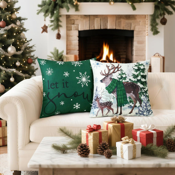 Christmas Throw Pillow Covers 18x18 Inch Set of 4, Scottish Tartan Plaid Snowman Reindeer Winter Christmas Decoration