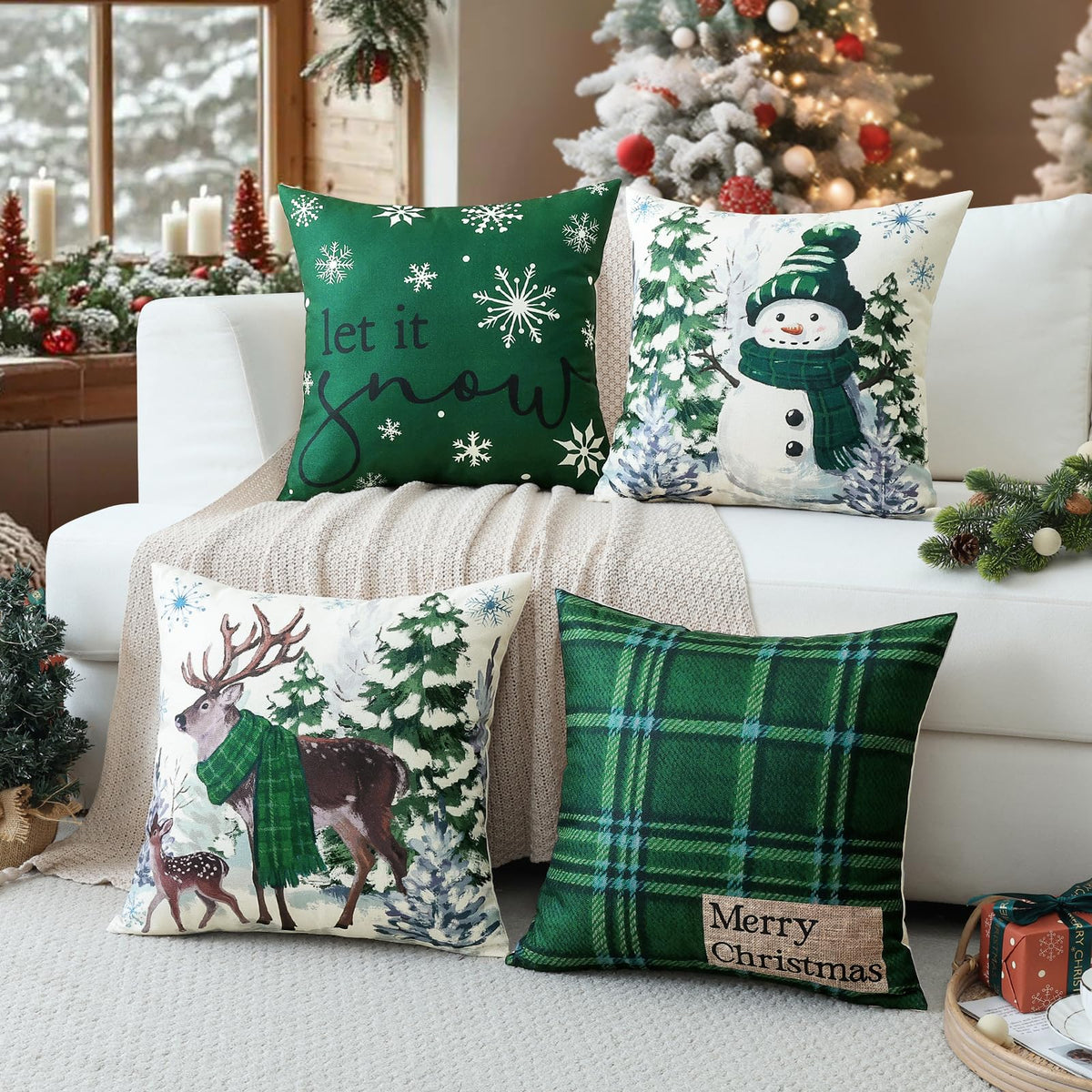 Christmas Throw Pillow Covers 18x18 Inch Set of 4, Scottish Tartan Plaid Snowman Reindeer Winter Christmas Decoration
