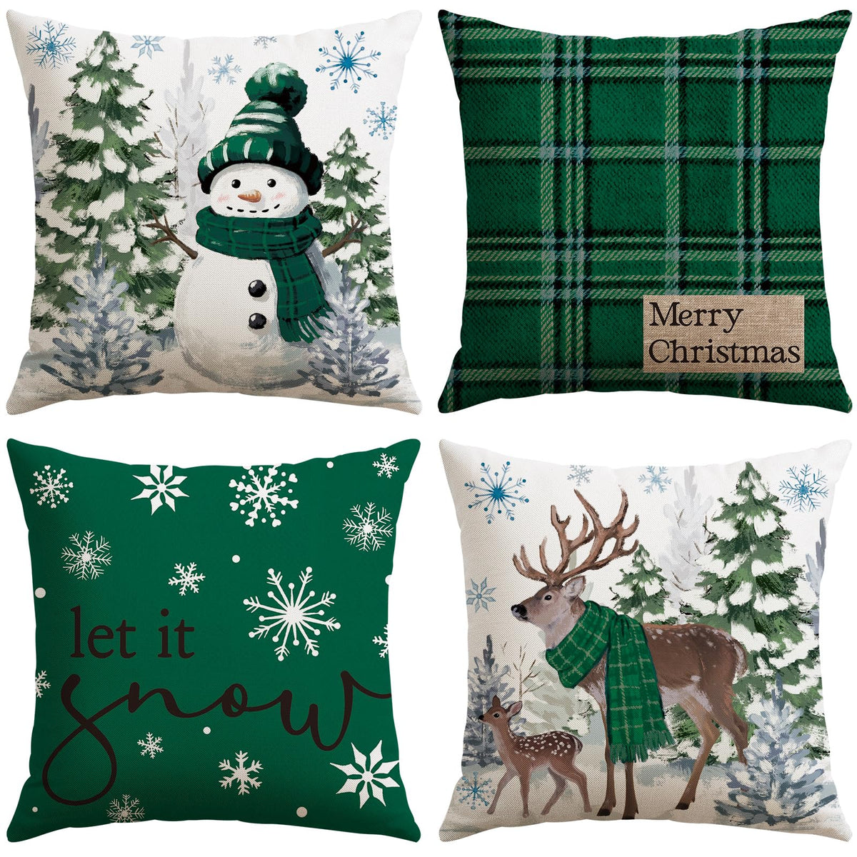 Christmas Throw Pillow Covers 18x18 Inch Set of 4, Scottish Tartan Plaid Snowman Reindeer Winter Christmas Decoration