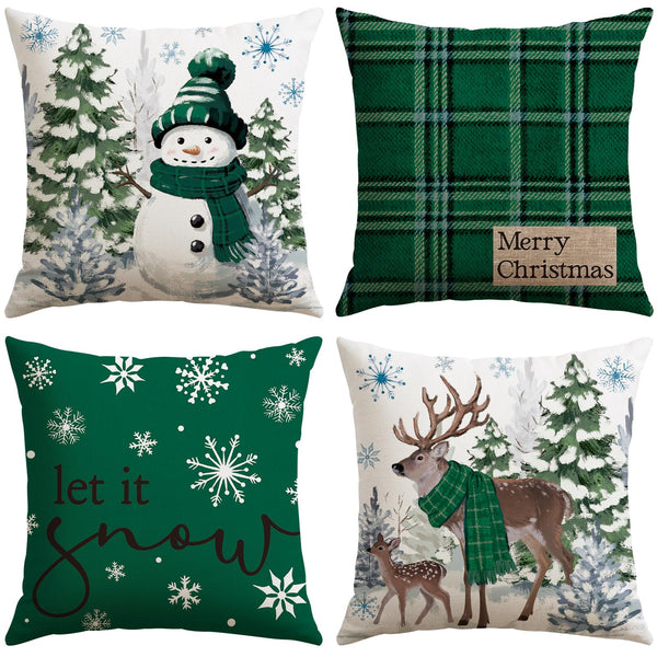 Christmas Throw Pillow Covers 18x18 Inch Set of 4, Scottish Tartan Plaid Snowman Reindeer Winter Christmas Decoration