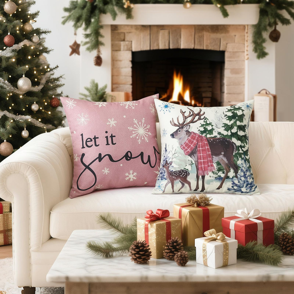 Christmas Throw Pillow Covers 18x18 Inch Set of 4, Scottish Tartan Plaid Snowman Reindeer Winter Pink