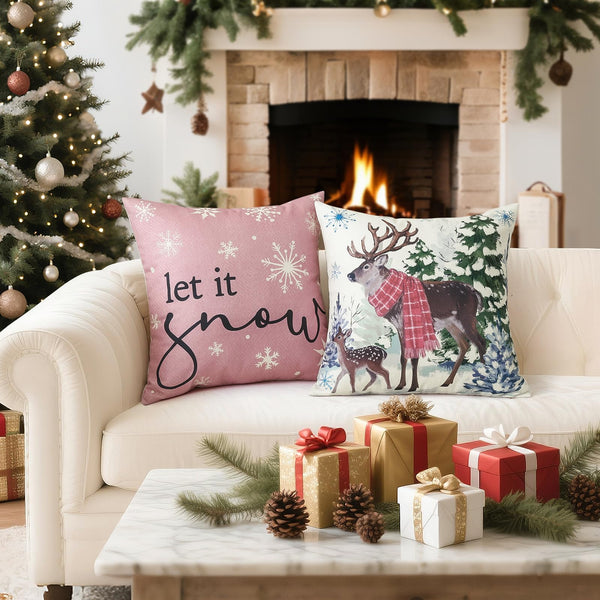 Christmas Throw Pillow Covers 18x18 Inch Set of 4, Scottish Tartan Plaid Snowman Reindeer Winter Pink