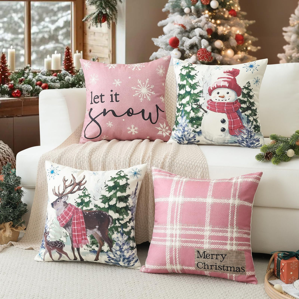 Christmas Throw Pillow Covers 18x18 Inch Set of 4, Scottish Tartan Plaid Snowman Reindeer Winter Pink