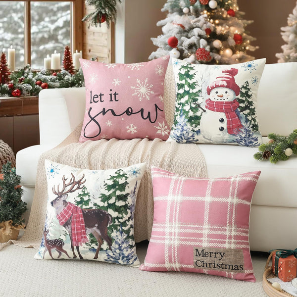 Christmas Throw Pillow Covers 18x18 Inch Set of 4, Scottish Tartan Plaid Snowman Reindeer Winter Pink