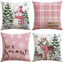 Christmas Throw Pillow Covers 18x18 Inch Set of 4, Scottish Tartan Plaid Snowman Reindeer Winter Pink