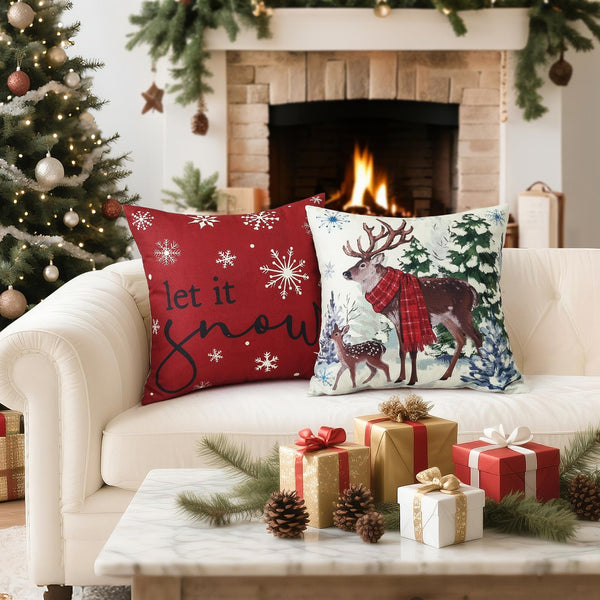 Christmas Throw Pillow Covers 18x18 Inch Set of 4, Scottish Tartan Plaid Snowman Reindeer Winter Red