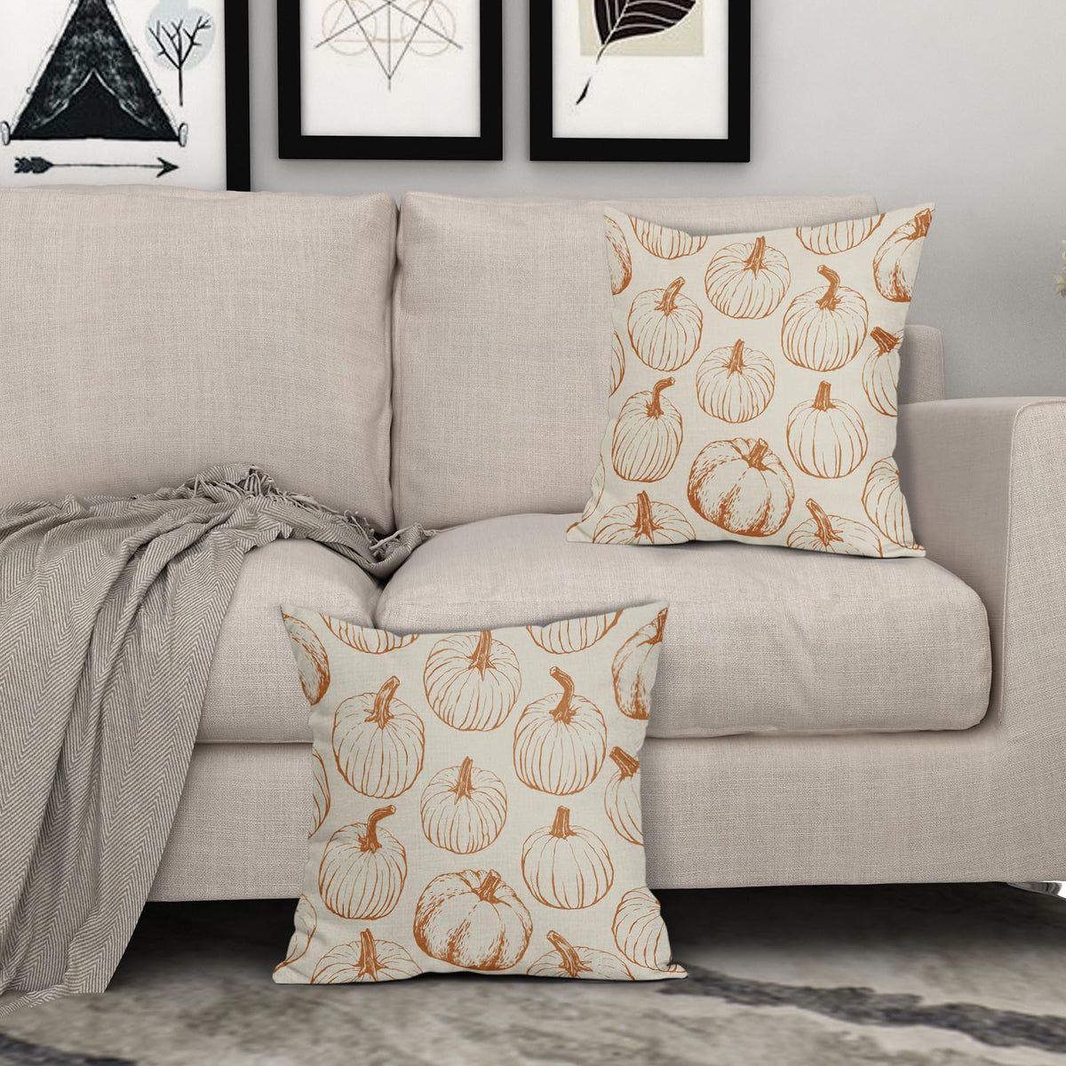 Fall Pillow Covers 18x18 Set of 2 Burnt Orange Pumpkin Autumn Thanksgiving Harvest