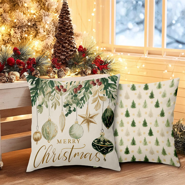 Christmas Throw Pillow Covers 18x18, Christmas Tree Pinecore Snowflake Green and Gold Pillow Cases Set of 4