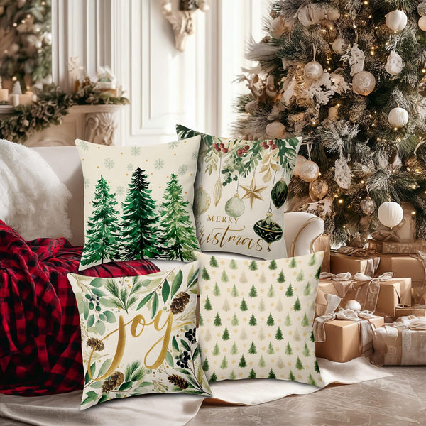 Christmas Throw Pillow Covers 18x18, Christmas Tree Pinecore Snowflake Green and Gold Pillow Cases Set of 4