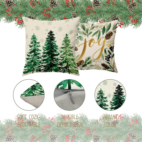 Christmas Throw Pillow Covers 18x18, Christmas Tree Pinecore Snowflake Green and Gold Pillow Cases Set of 4