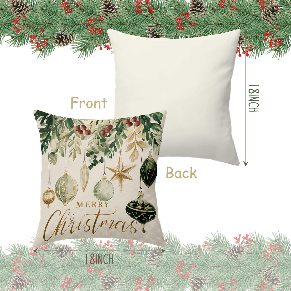 Christmas Throw Pillow Covers 18x18, Christmas Tree Pinecore Snowflake Green and Gold Pillow Cases Set of 4