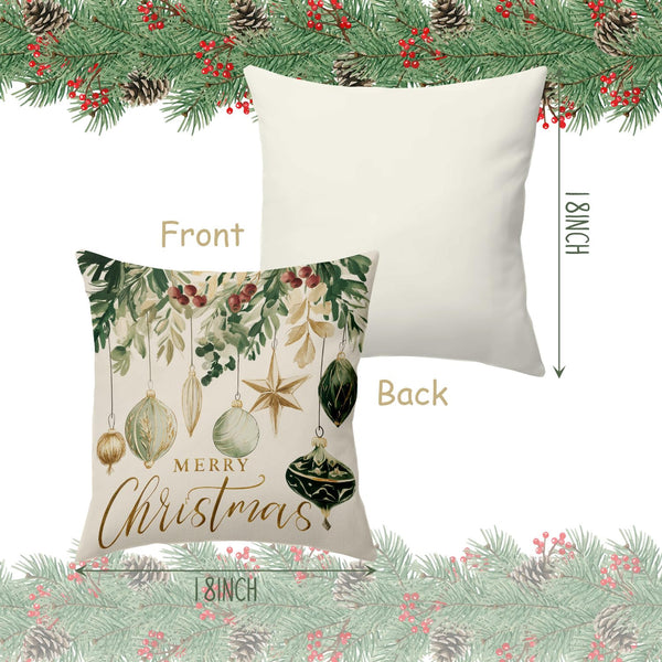 Christmas Throw Pillow Covers 18x18, Christmas Tree Pinecore Snowflake Green and Gold Pillow Cases Set of 4