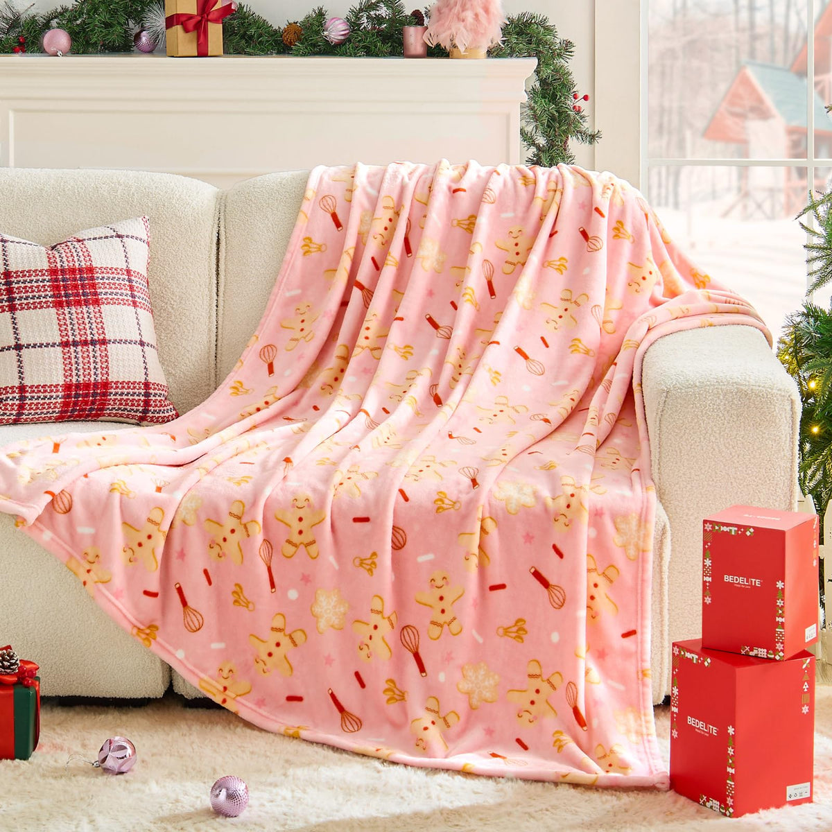 Pink Christmas Throw Blanket for Girls &amp; Teens – Cute Holiday Blanket with Gingerbread Man Pattern