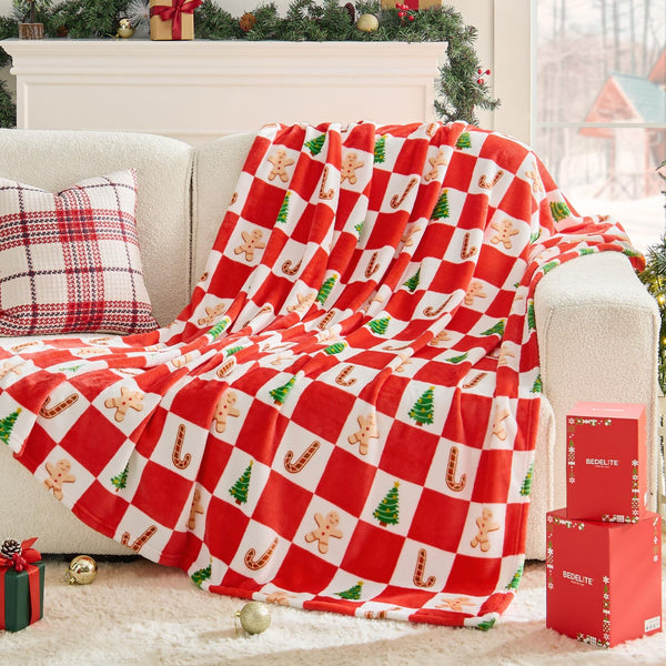 Christmas Throw Blanket – Red and White Checkered Holiday Blanket with Gingerbread Man, Candy Cane &amp; Christmas Tree Pattern