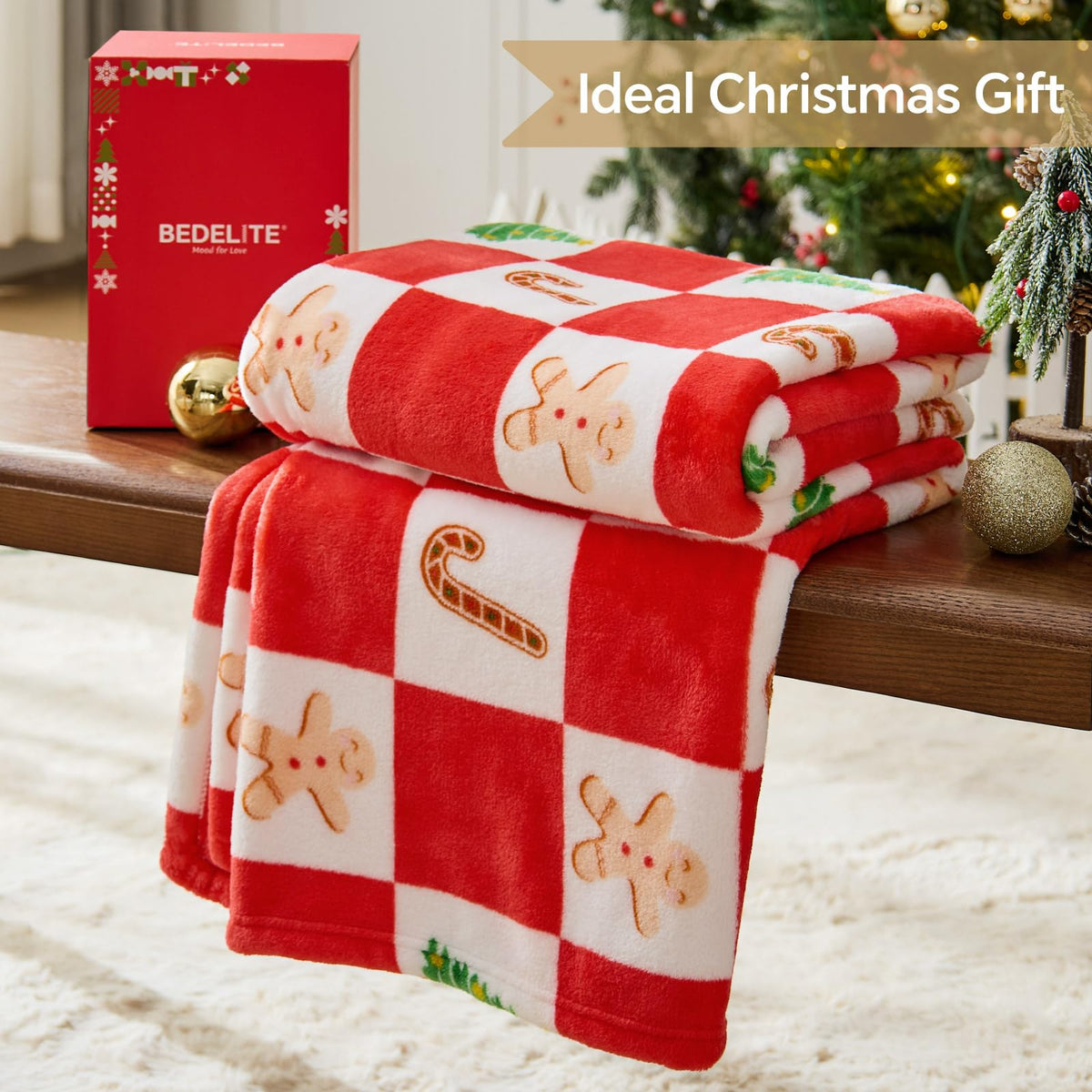 Christmas Throw Blanket – Red and White Checkered Holiday Blanket with Gingerbread Man, Candy Cane &amp; Christmas Tree Pattern