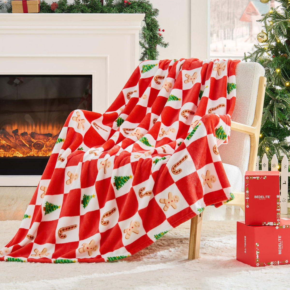 Christmas Throw Blanket – Red and White Checkered Holiday Blanket with Gingerbread Man, Candy Cane &amp; Christmas Tree Pattern