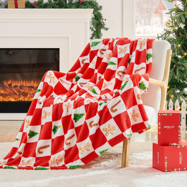 Christmas Throw Blanket – Red and White Checkered Holiday Blanket with Gingerbread Man, Candy Cane &amp; Christmas Tree Pattern
