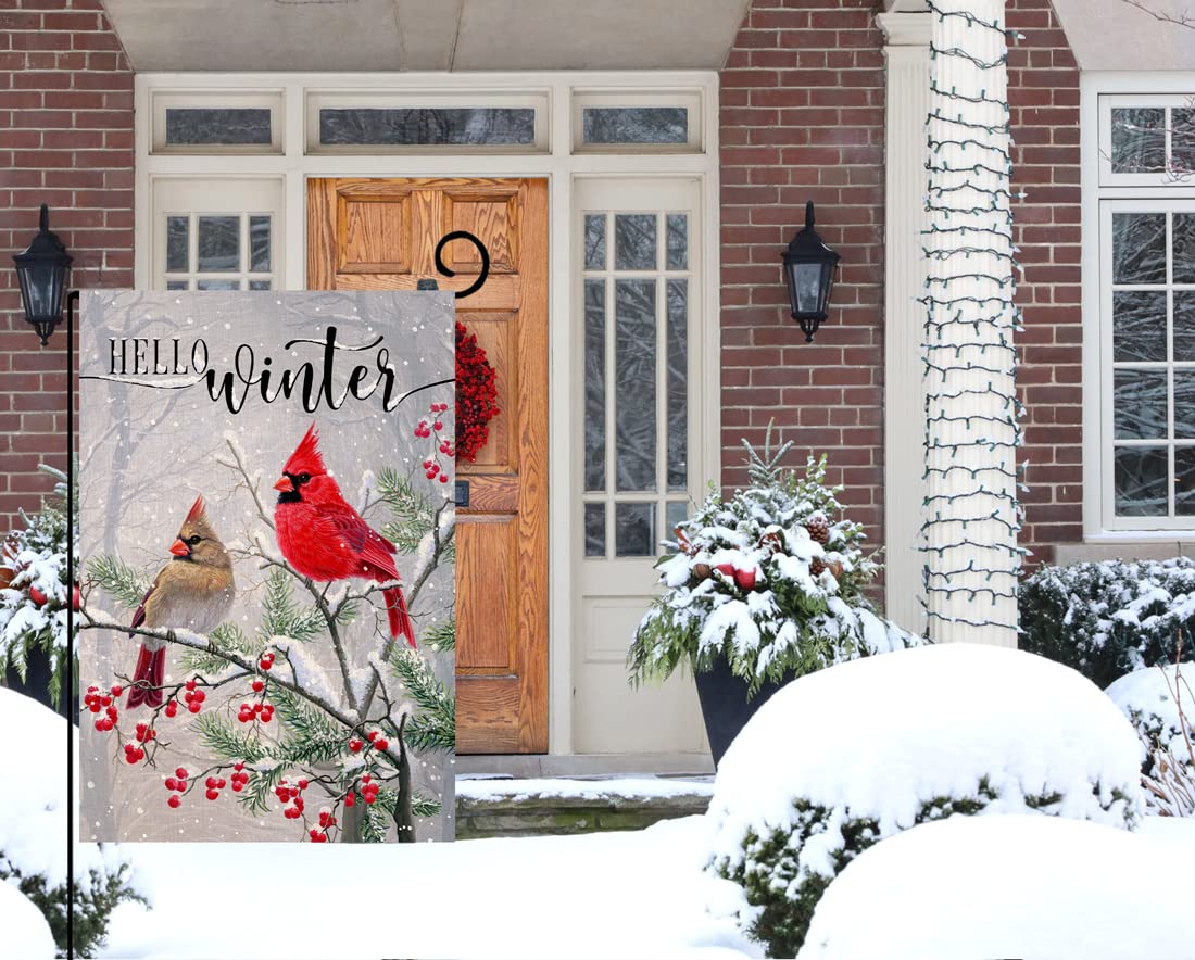 Winter Cardinal Bird Garden Flag 12x18 Vertical 1 Sided Farmhouse Trees Snow Christmas