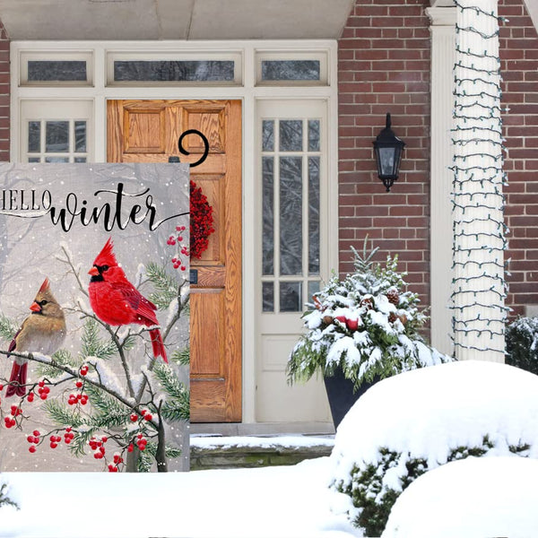 Winter Cardinal Bird Garden Flag 12x18 Vertical 1 Sided Farmhouse Trees Snow Christmas