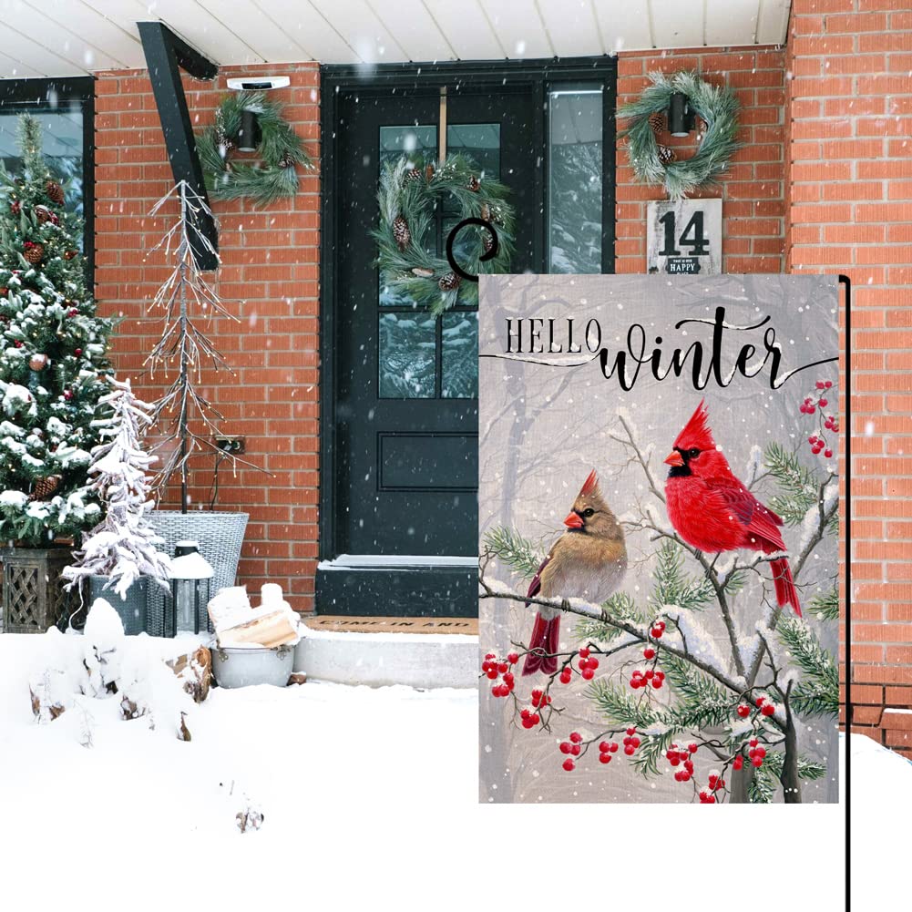Winter Cardinal Bird Garden Flag 12x18 Vertical 1 Sided Farmhouse Trees Snow Christmas