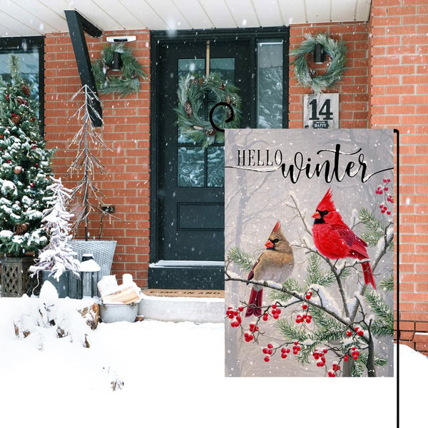 Winter Cardinal Bird Garden Flag 12x18 Vertical 1 Sided Farmhouse Trees Snow Christmas