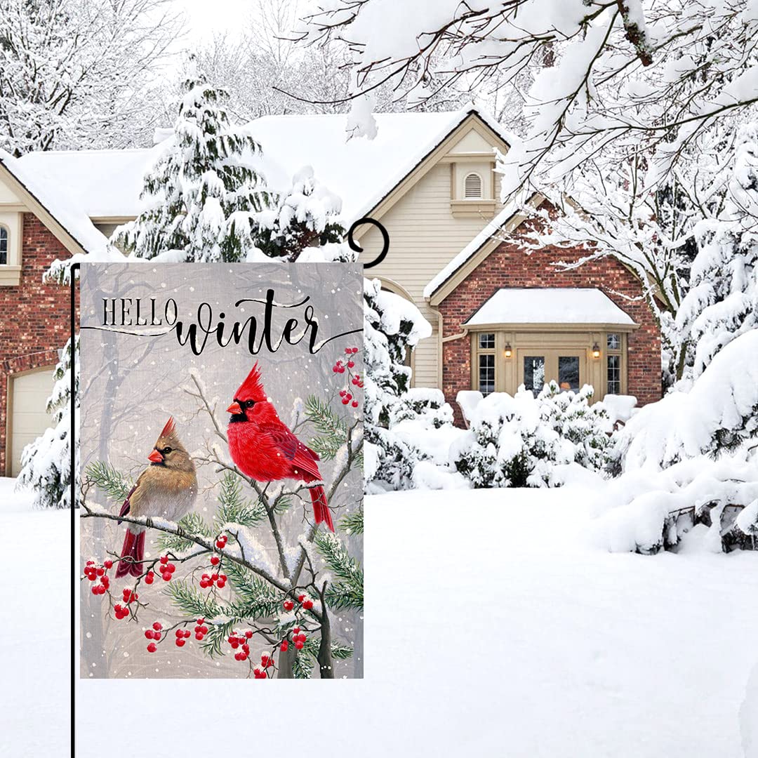 Winter Cardinal Bird Garden Flag 12x18 Vertical 1 Sided Farmhouse Trees Snow Christmas