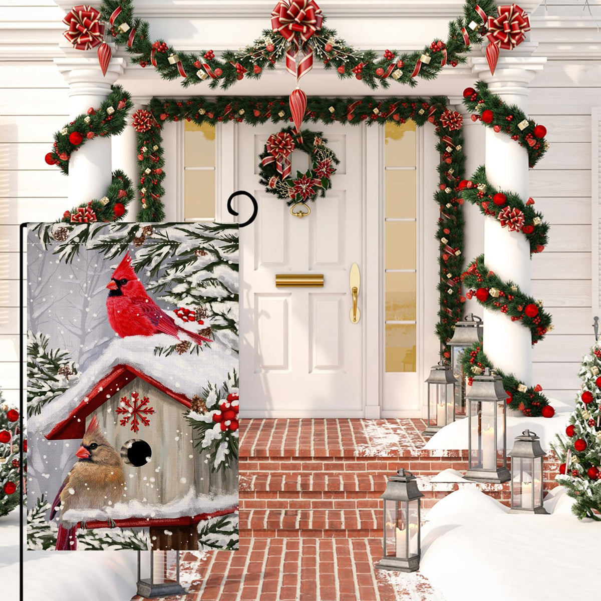 Winter Cardinal Bird Garden Flag 12x18 Vertical 1 Sided Trees Snow Christmas Holiday