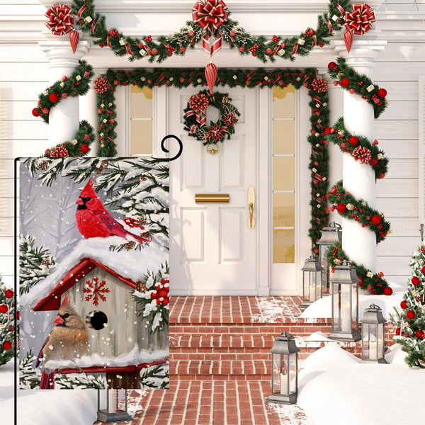 Winter Cardinal Bird Garden Flag 12x18 Vertical 1 Sided Trees Snow Christmas Holiday