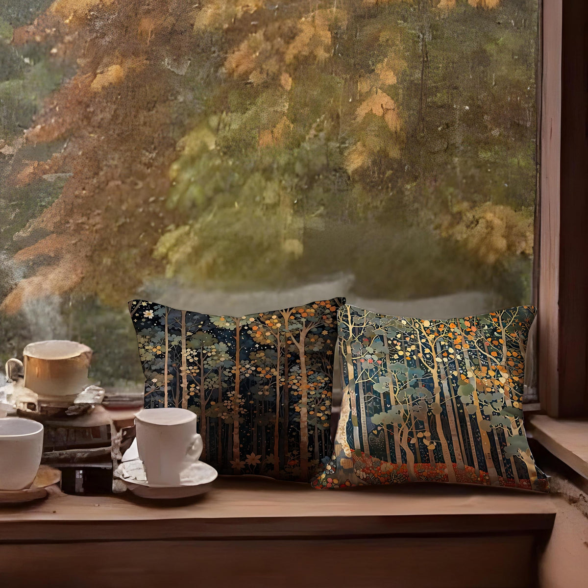 Rustic William Morris Inspired Autumn Forest Decor Throw Pillow Covers 18x18 Set of 2, Vintage Botanical Nature